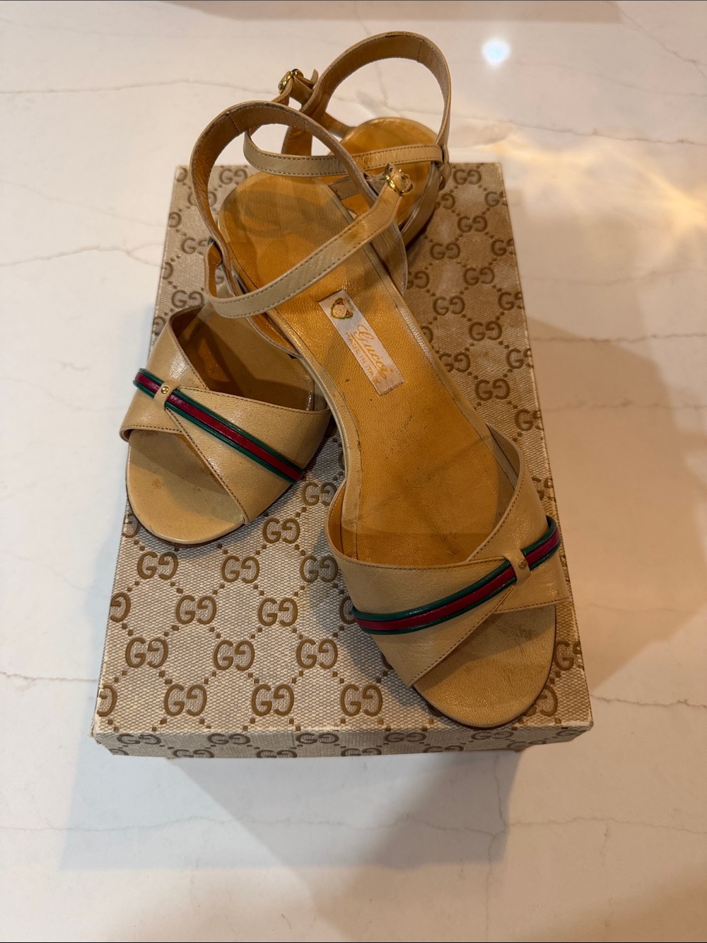 True Vintage 1980 Gucci Web Stripe Leather Strappy Block Heel Sandals IT 36 Box